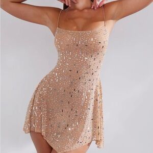 Oh Polly Durani Sheer Embellished Scoop Neck Mini Dress in Almond ✨